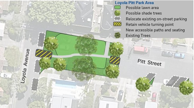 Proposed park area: An aerial view of the space between Loyola and Pitt Streets. in this image the mulched area, marked by green squares, is much larger. There are new trees at either end of the new space. There are yellow striped markings showing where cars can turn around.