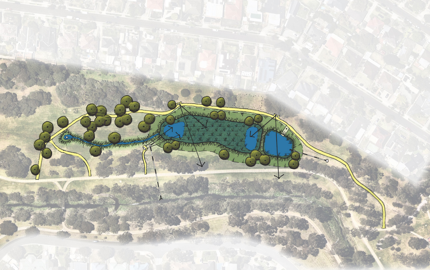 An illustrated map of the proposed wetland area at Frant Street Reserve. There are water features in blue, a path in yellow and plants are different shades of green.
