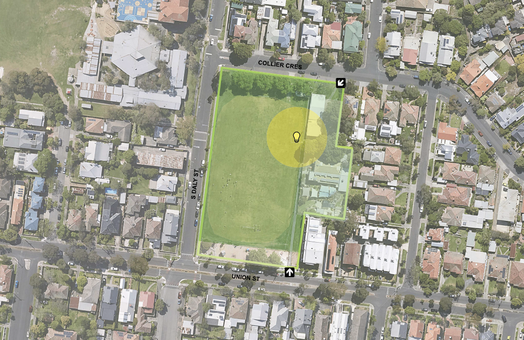 A map of the Wylie Reserve area. There are spaces blocked out in different colours indicating if dogs can be on or off leash.