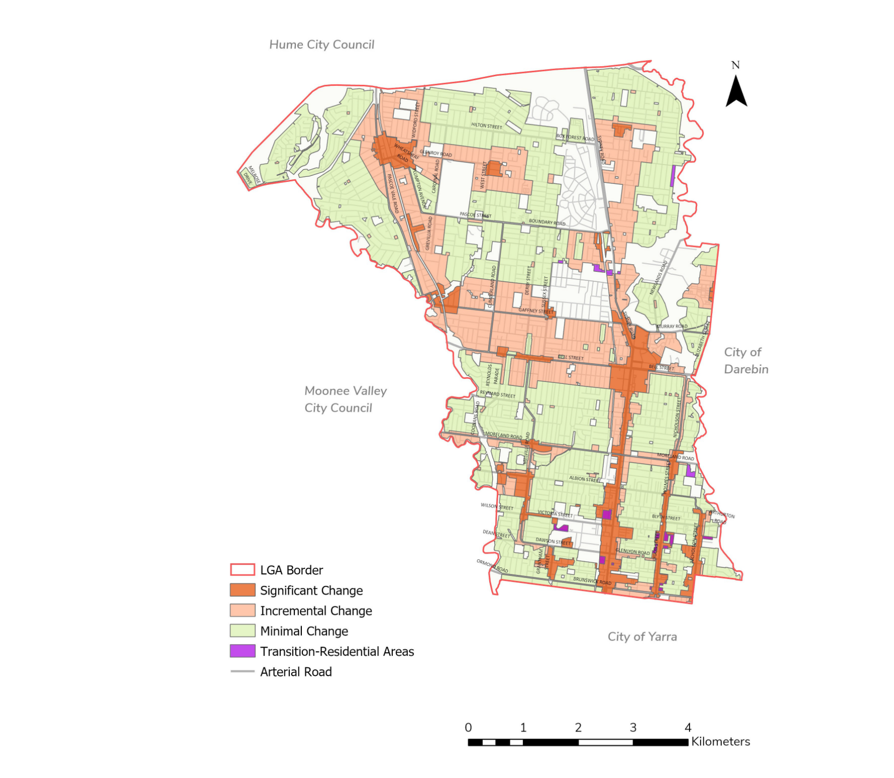 A map of Moreland with each of the change areas highlighted in a different colour.