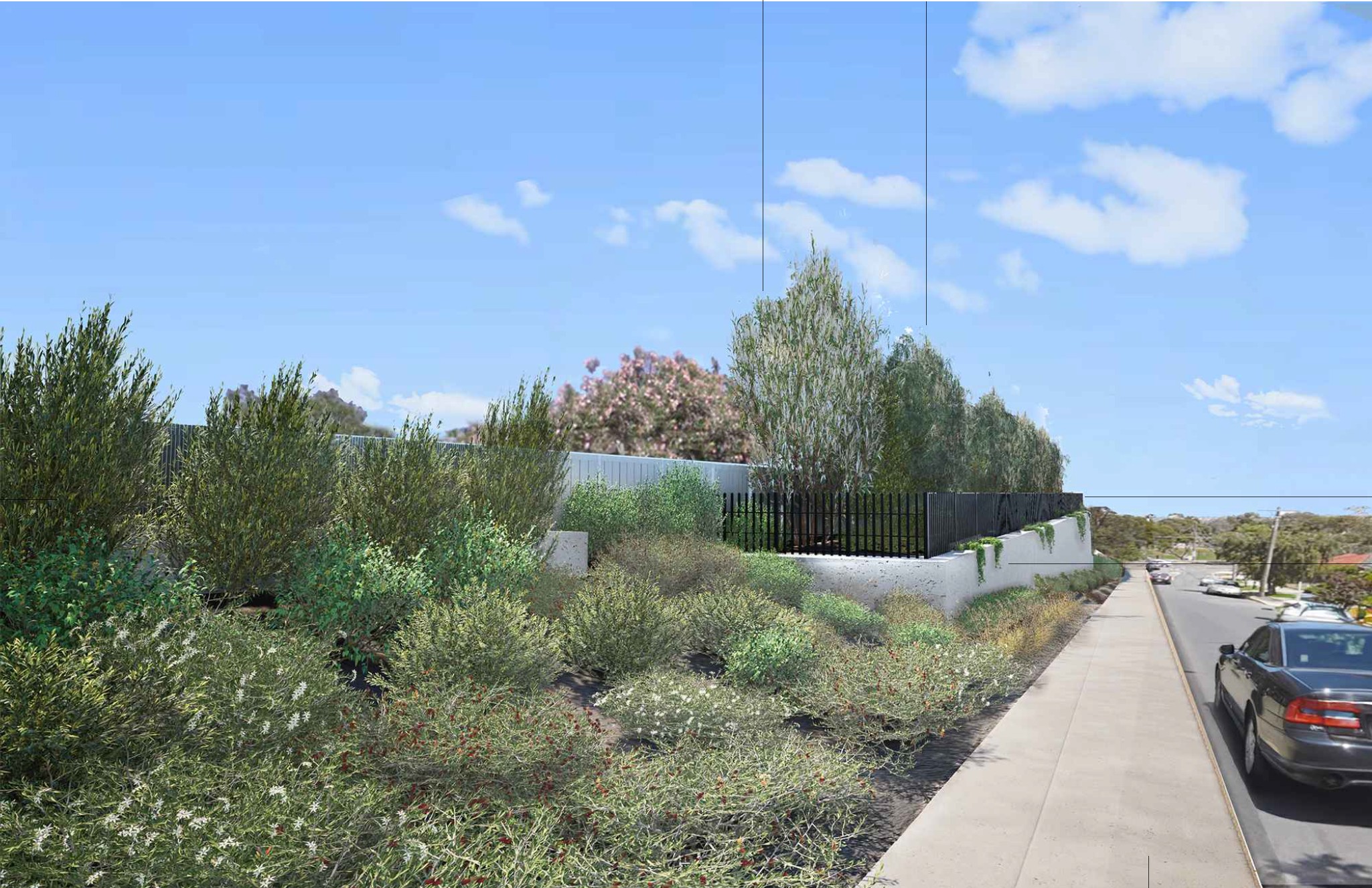 A rendering of a footpath with a large area of plantings to the left in the foreground, and a light grey retaining wall in the background with trees and a black metal vertical fence on top.