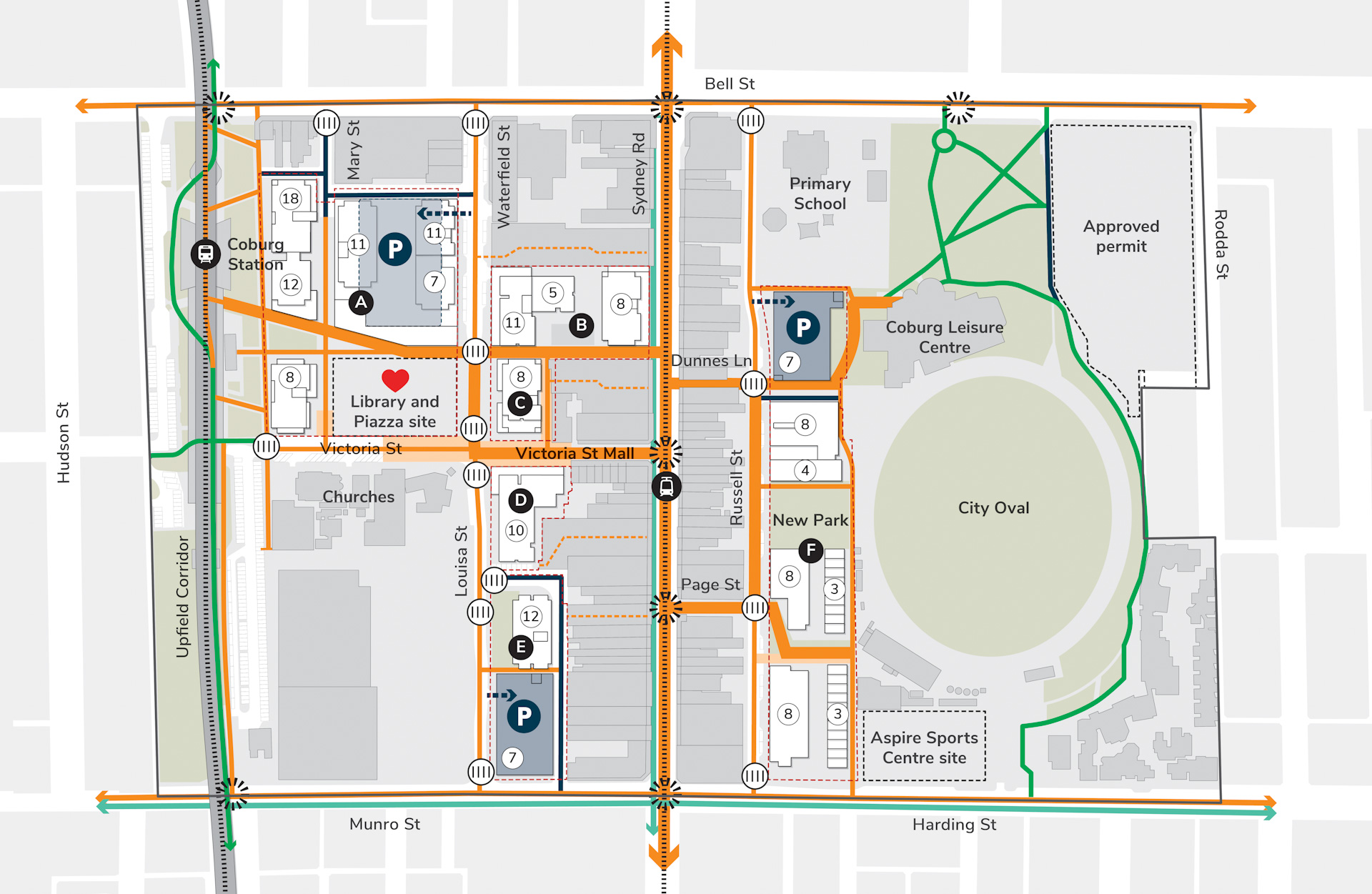 An illustrated aerial map of the Central Coburg area. There are orange lines representing transport routes and labels on Coburg landmarks.