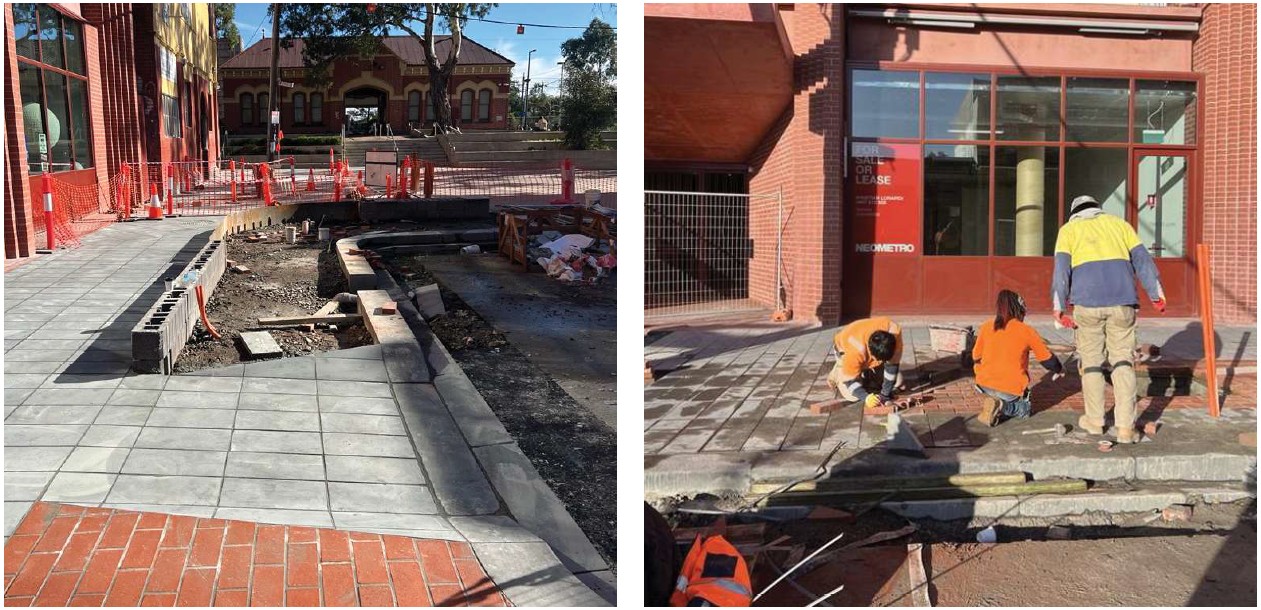 freshly laid pblue stone kerb ramp and workers laying brick pavers