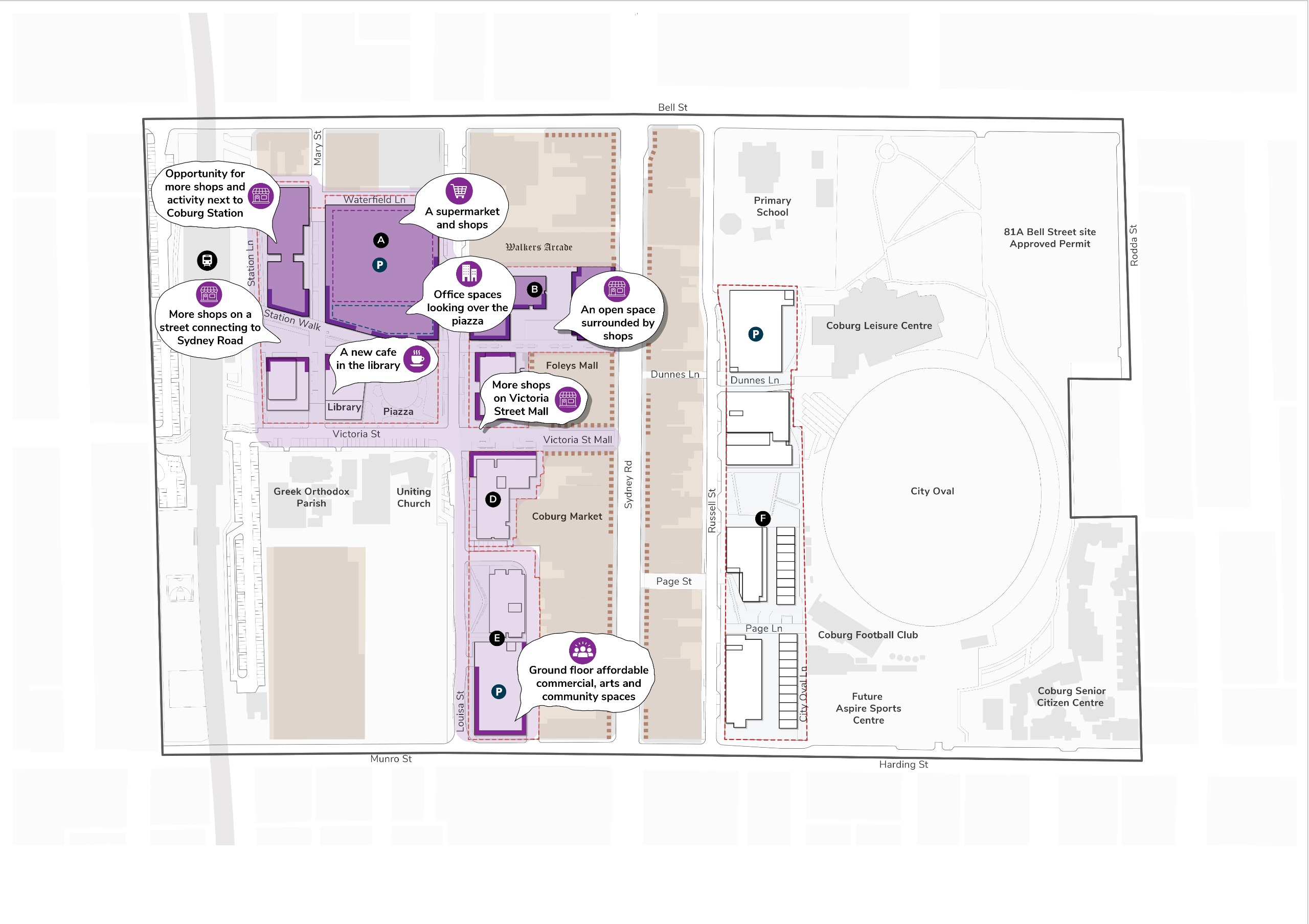 An aerial map of the proposed Coburg commercial spaces under the Framework Plan.