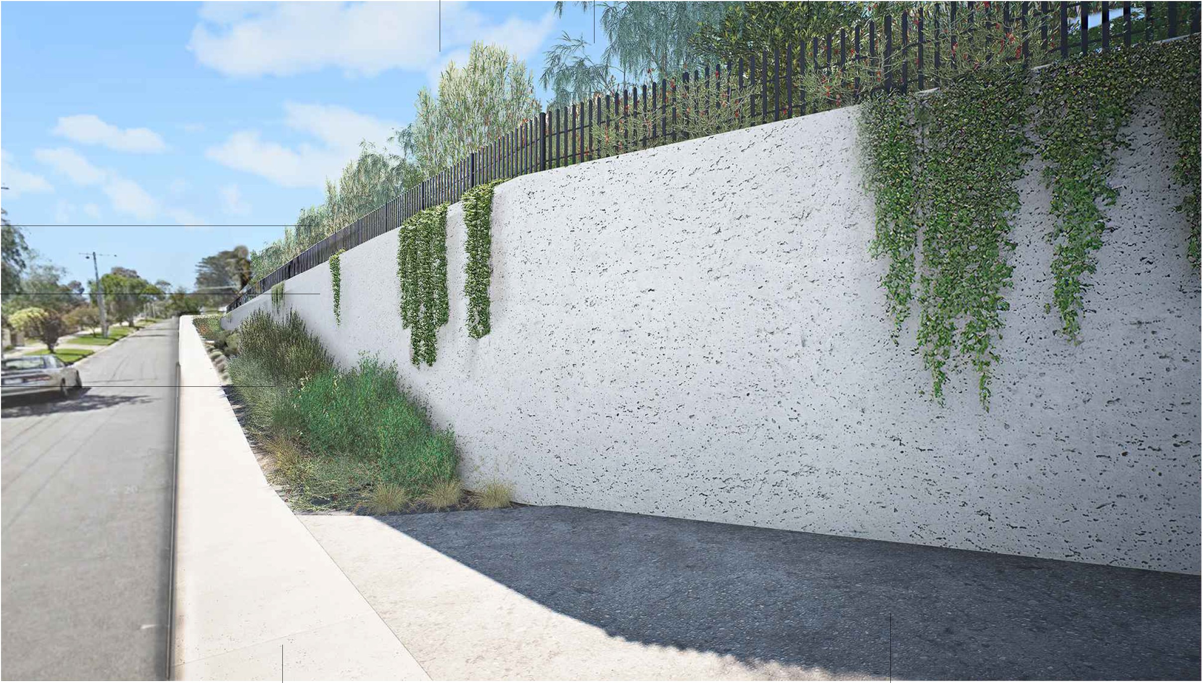 A rendering of a light grey concrete retaining wall with a steel metal fence on top and plantings at the top and bottom of the wall