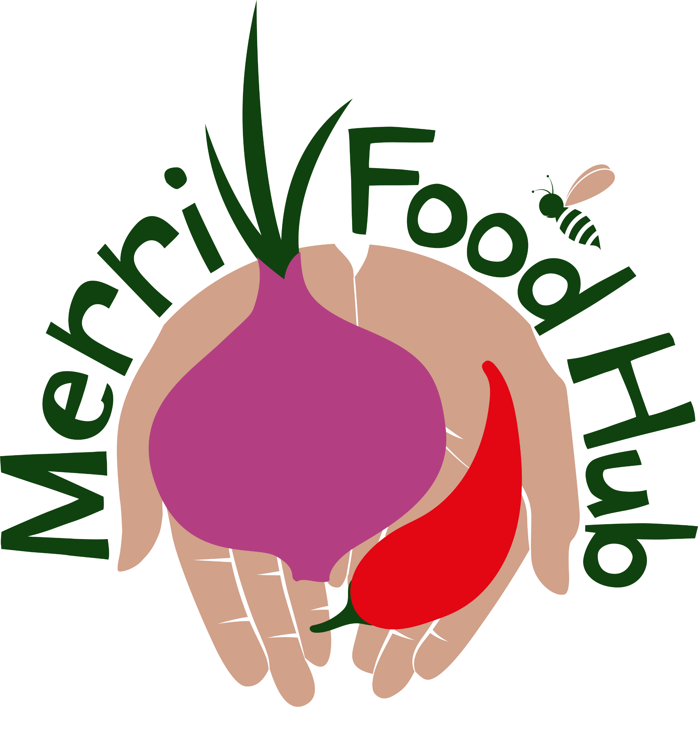 The logo for Merri Food Hub. It shows a pair of hands holding a purple onion and red chili. It says Merri Food Hub in green writing.