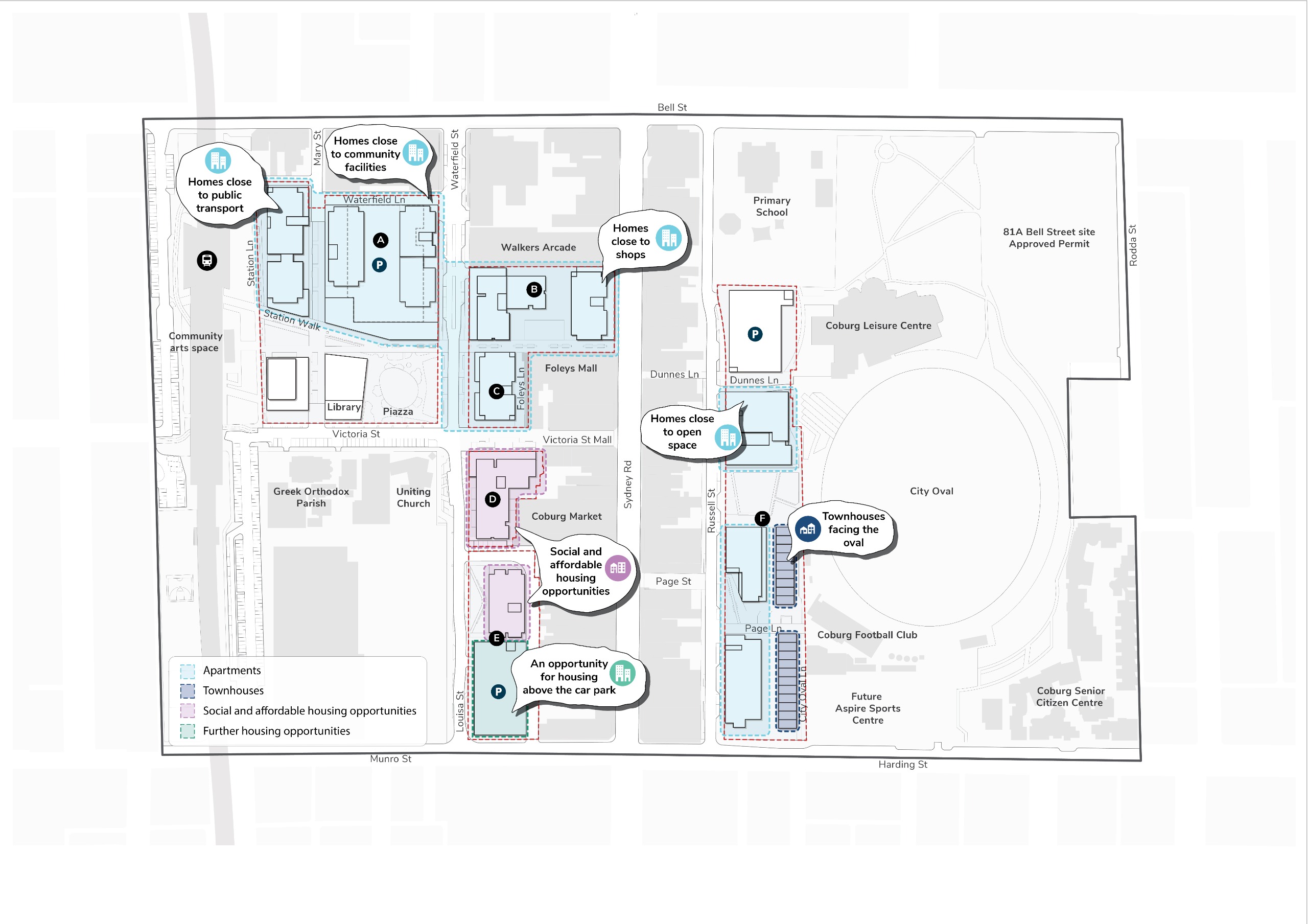 An aerial map of the proposed Coburg housing development under the Framework Plan.