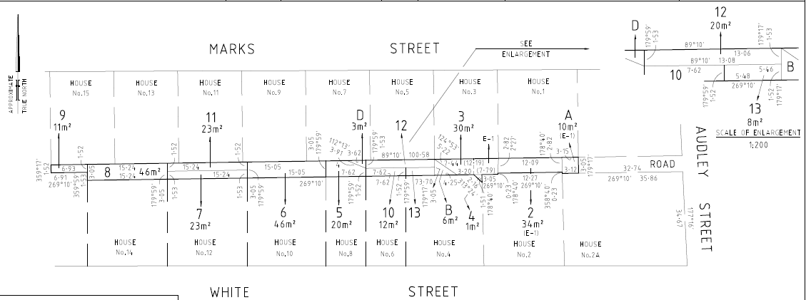 A line map of the area between Marks St, Audley St and White St, Coburg. The 4 lots being proposed for sale are marked.