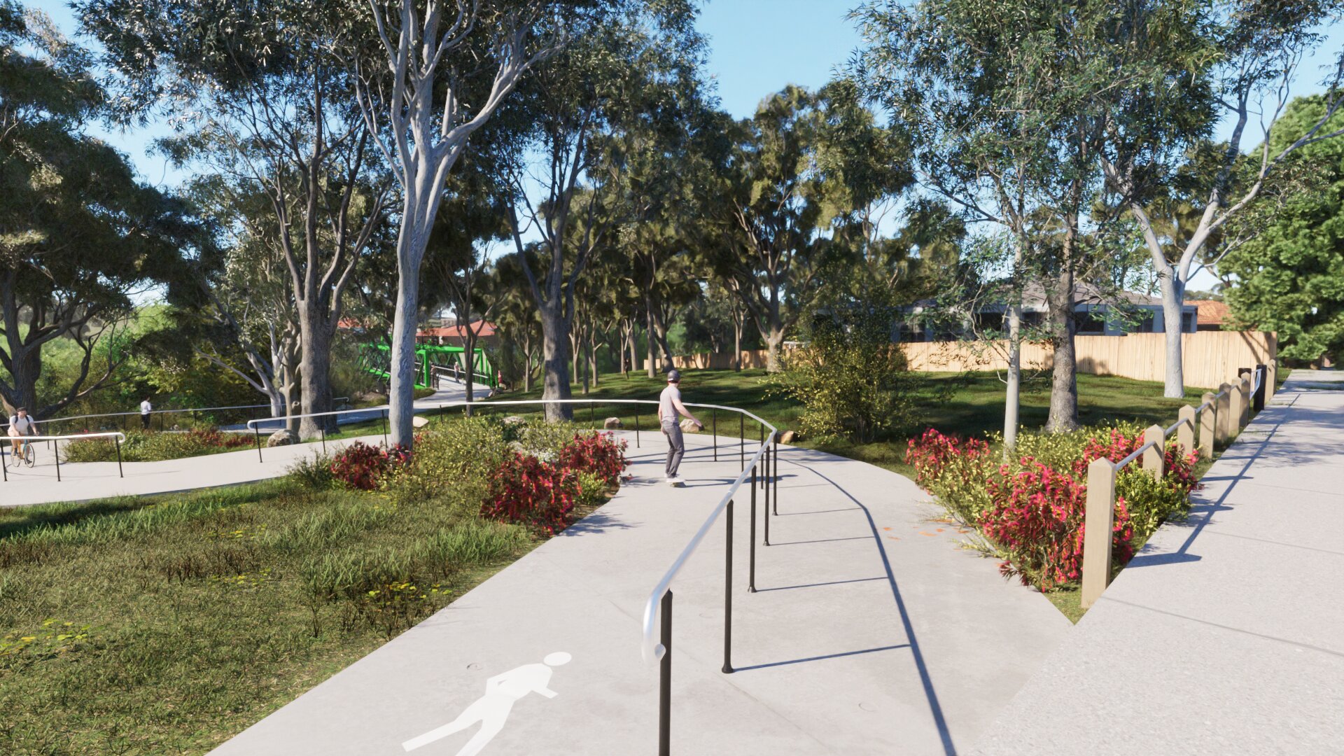 A view from Harding Street looking towards the Merri Creek. There is apath that winds down toward the new bridge in the distance.