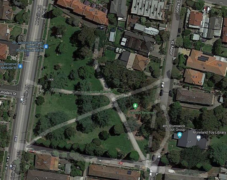 An aerial photo of Jacob's Reserve, Brunswick West, showing walking paths and surrounding streets.