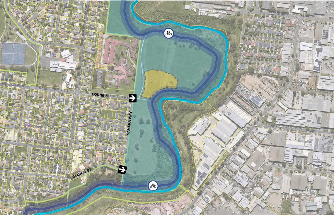 A map of the Lorne Street reserve area. There are spaces blocked out in different colours indicating if dogs can be on or off leash.