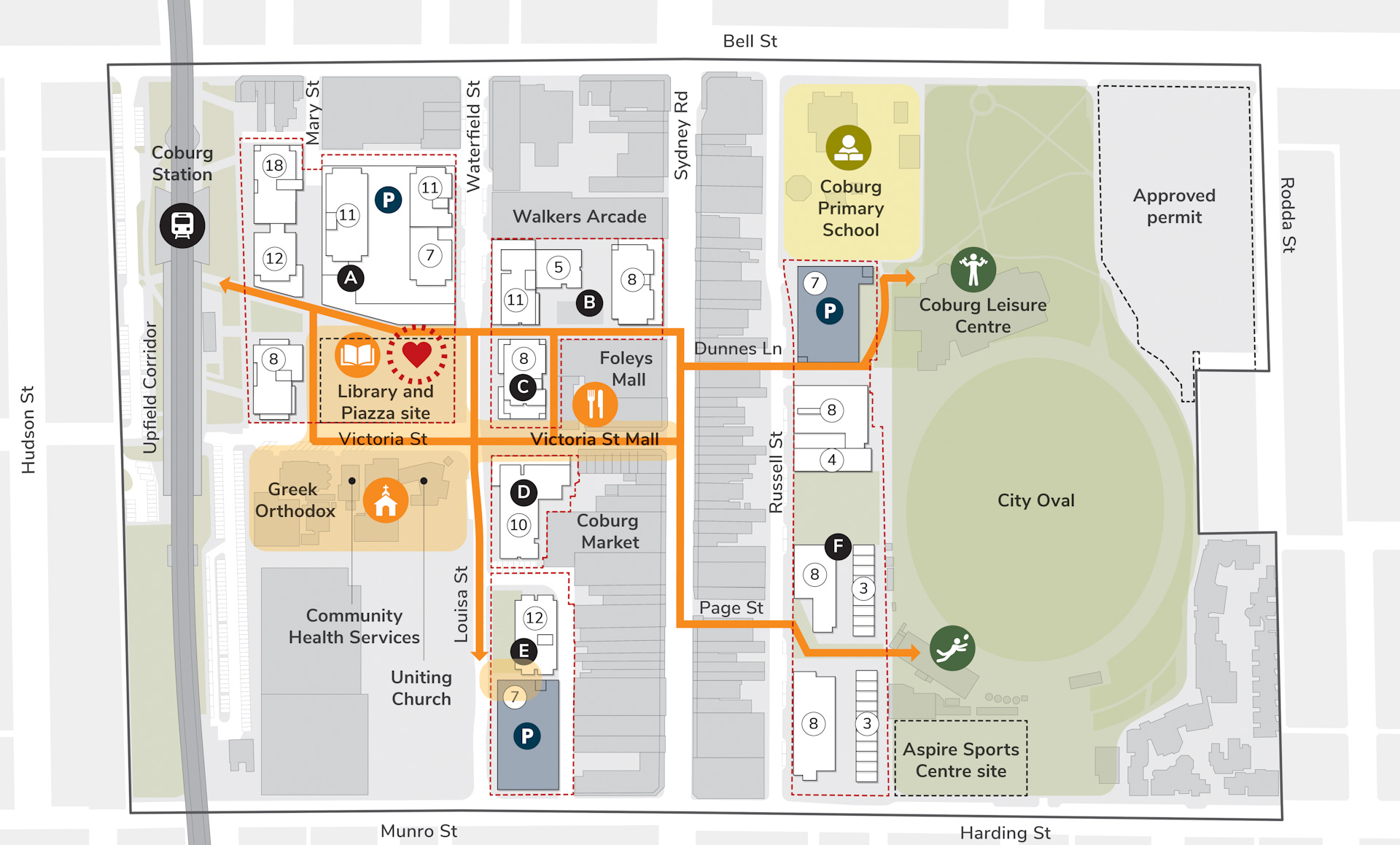 An illustrated aerial map of the Central Coburg area. There are orange lines representing walking routes and labels on Coburg landmarks.