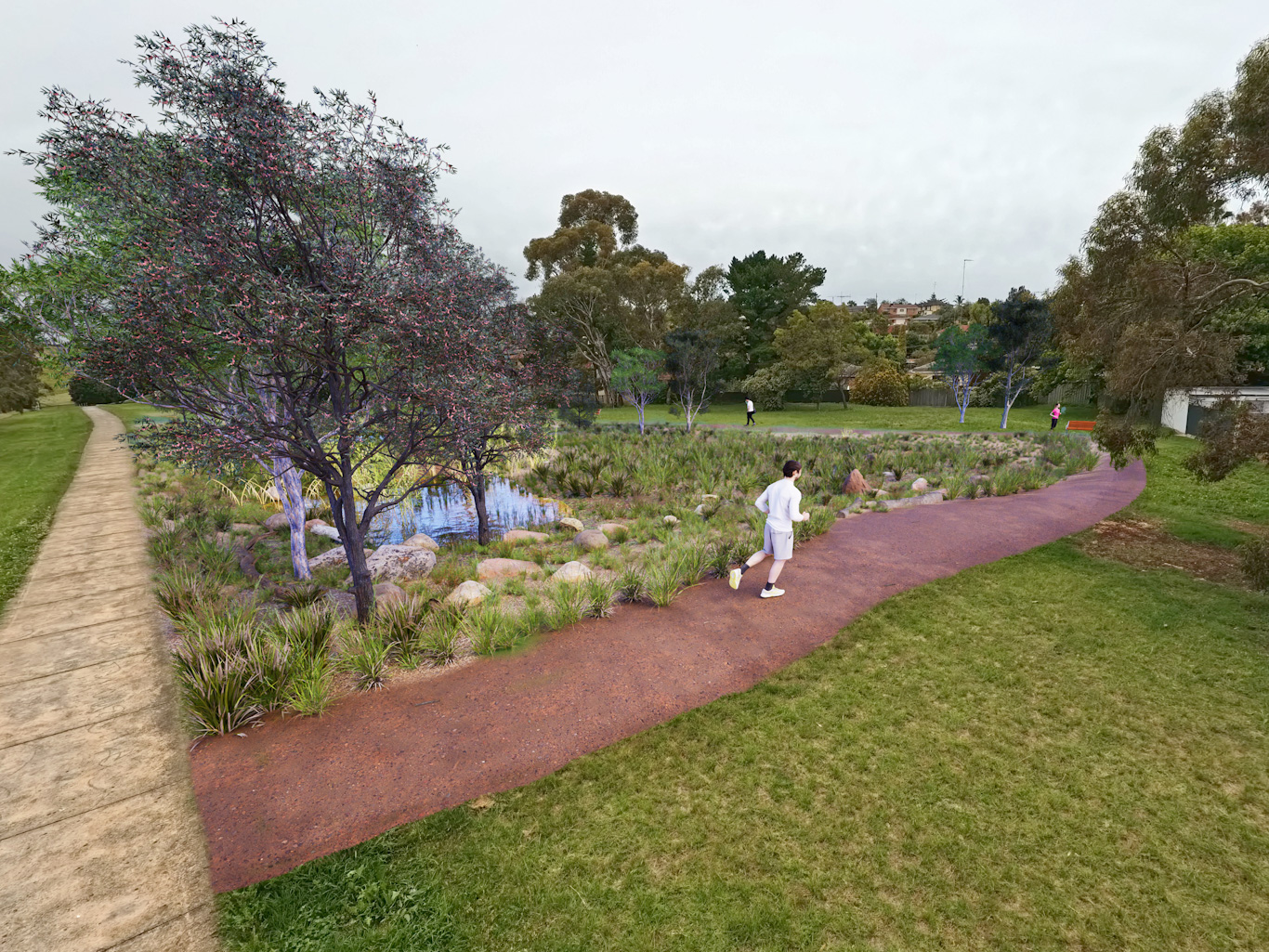 Wetlands view: An artists' impression of a wetland on the same area as the current view picture. There is water that has plants growing in and around. There is a path that cuts around the wetland through the grass. There are more trees around.