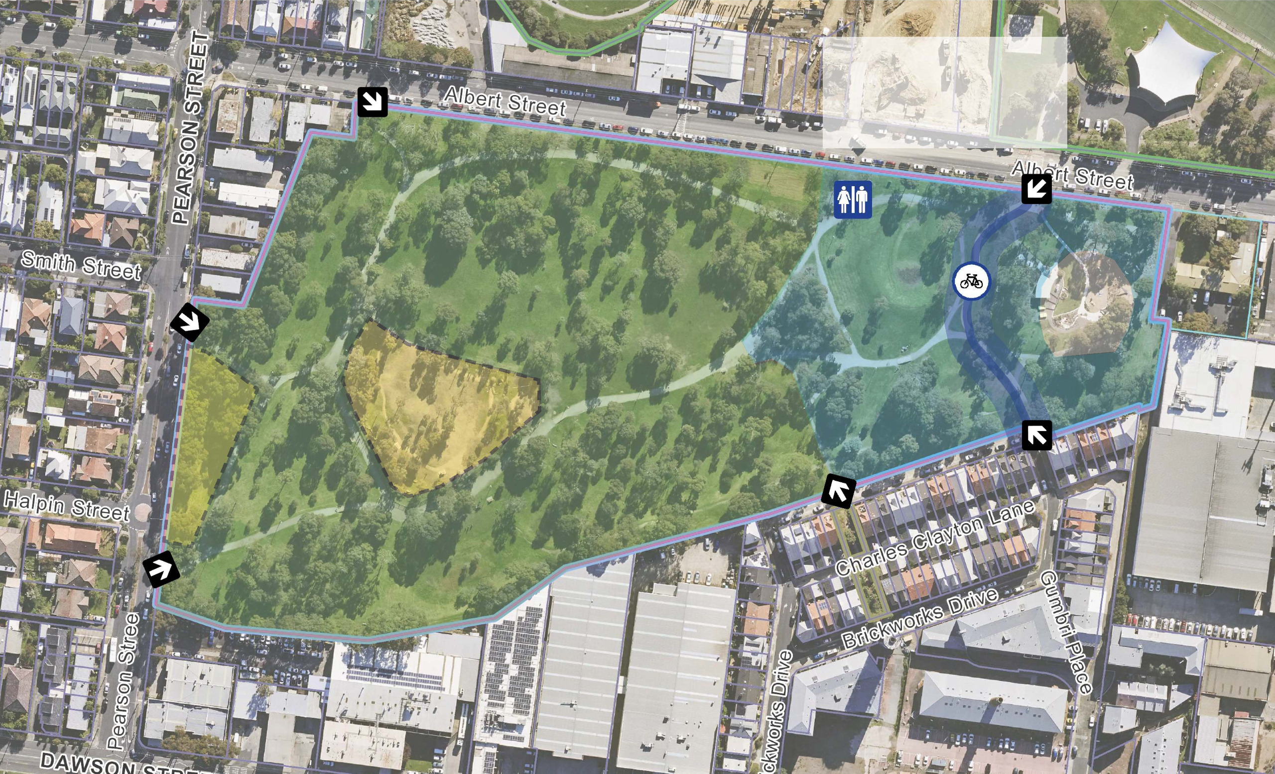 A map of the Gilpin park area. There are spaces blocked out in different colours indicating if dogs can be on or off leash.