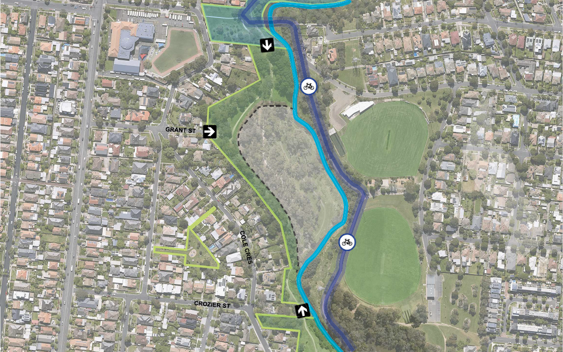 A map of the Tate Reserve area. There are spaces blocked out in different colours indicating if dogs can be on or off leash.