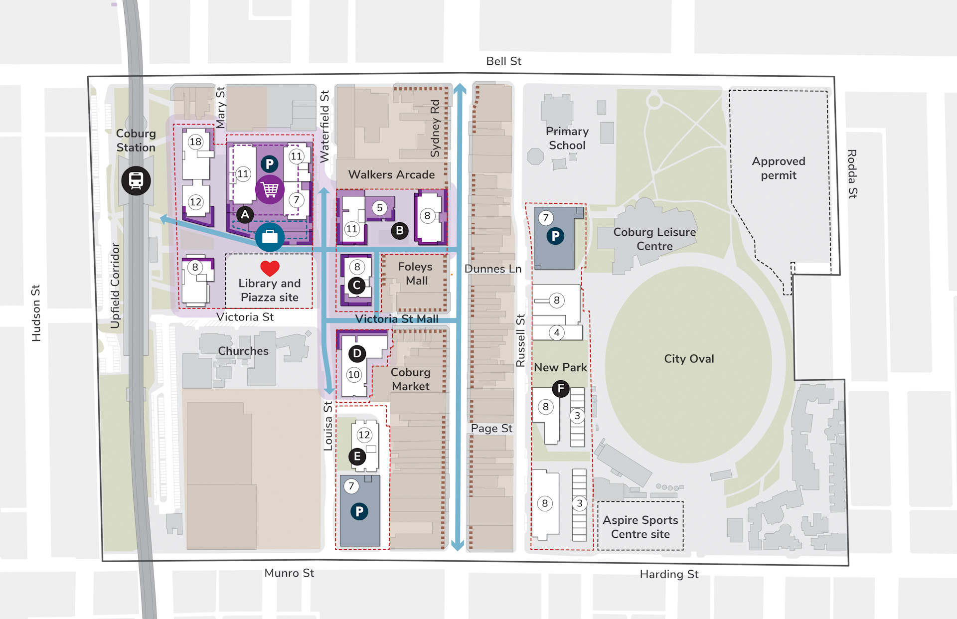 An illustrated aerial map of the Central Coburg area. There are orange lines representing walking routes and labels on Coburg landmarks. There are areas in the north west corner that are highlighted purple to show key commercial sites