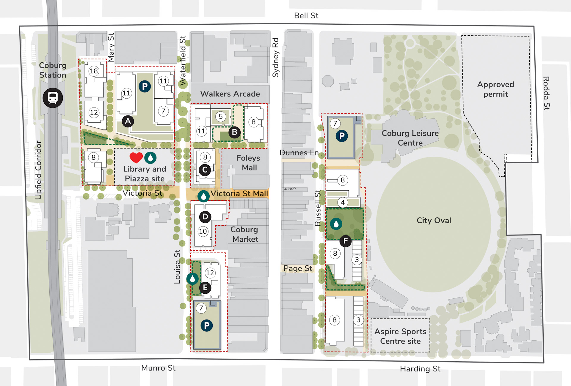 An illustrated aerial map of the Central Coburg area. There are orange lines representing walking routes and labels on Coburg landmarks.