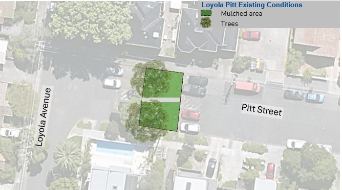 Current area: An aerial map showing the area between Loyola and Pitt Streets. The mulched area is marked with green squares. There are two large trees in the middle of the space and car parks on either side of the mulched area.