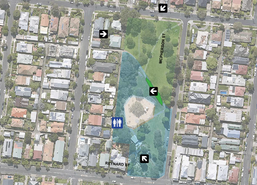 A map of the Robinson Reserve area. There are spaces blocked out in different colours indicating if dogs can be on or off leash.