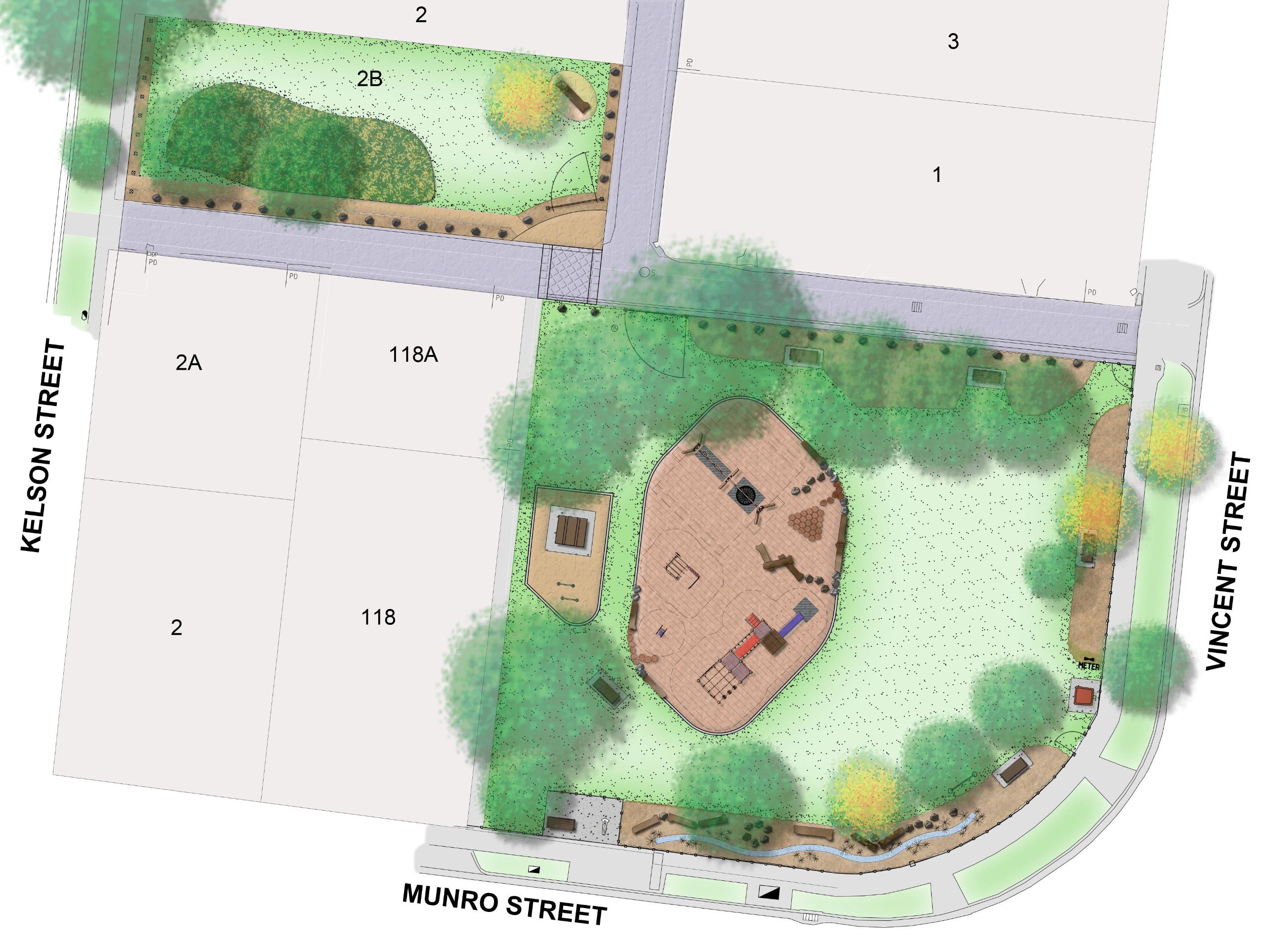An computer illustrated aerial view of McCleery Reserve with Munro Street to the South and Vincent Street to the east.