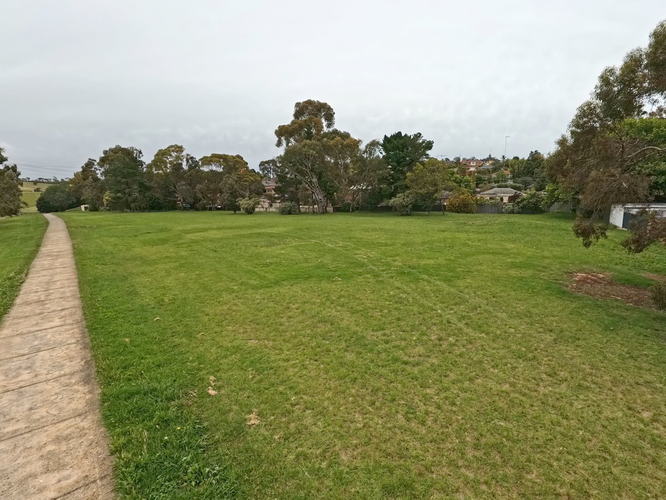 Current view: A  large grassy area to the right of a path. In the distance are trees.