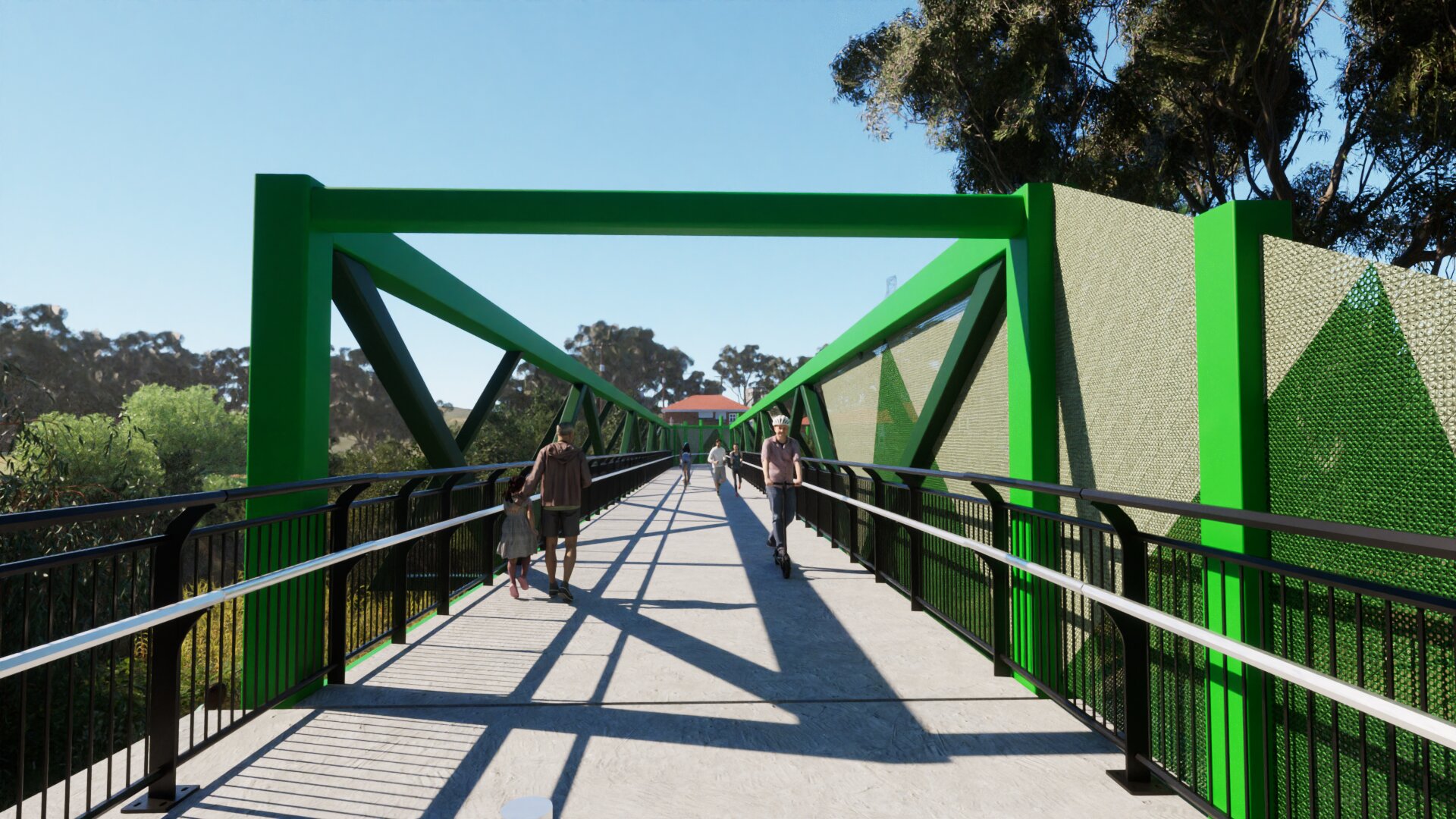 A view looking along the bridge. There is a path extending out in front of the view, people are walking along the path. The green beams arch over the pathway in a squeared off shape.