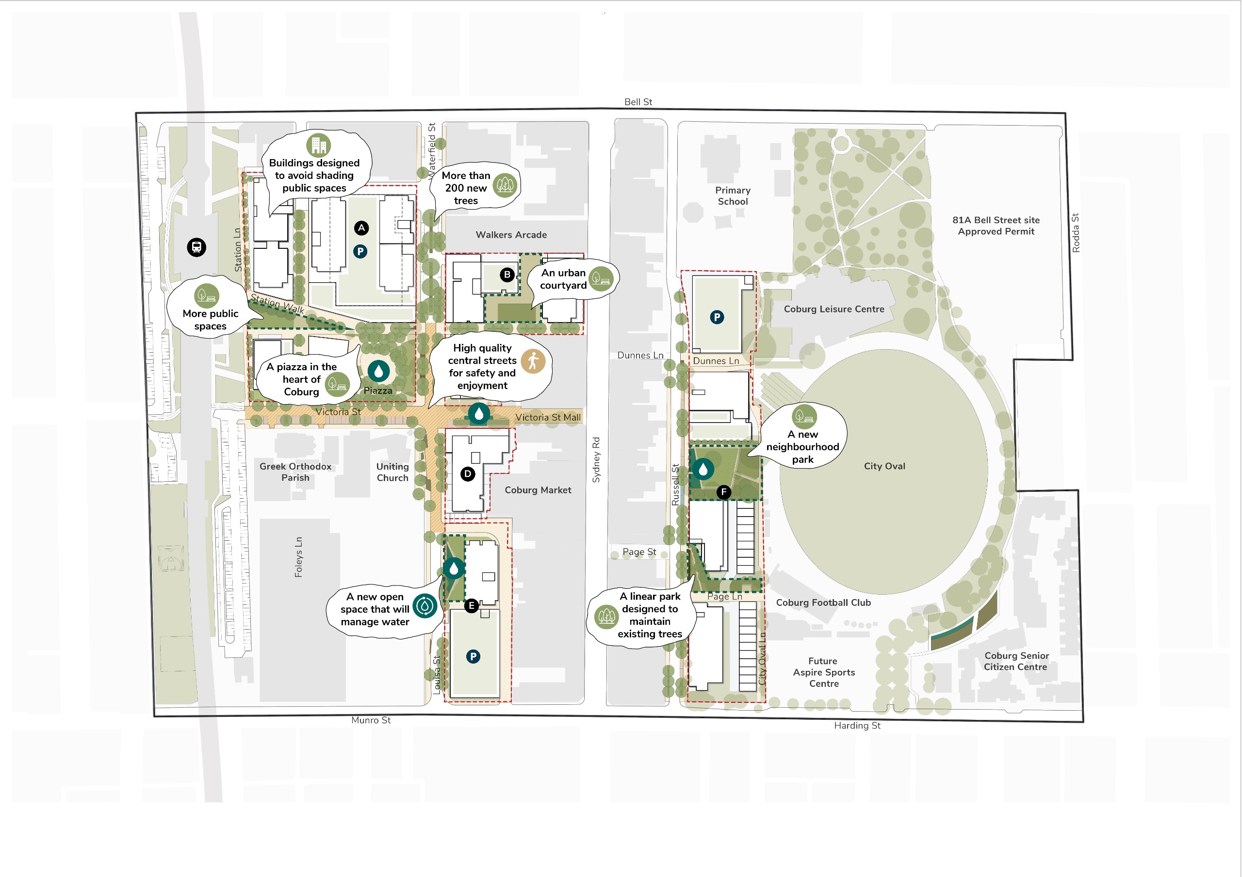 An aerial map of the proposed open space in central Coburg under the Framework Plan.