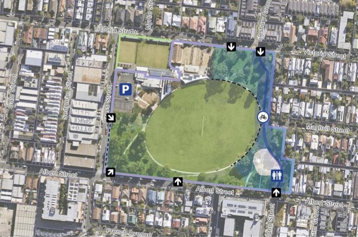 A map of the Bababi Djinanang area. There are spaces blocked out in different colours indicating if dogs can be on or off leash.