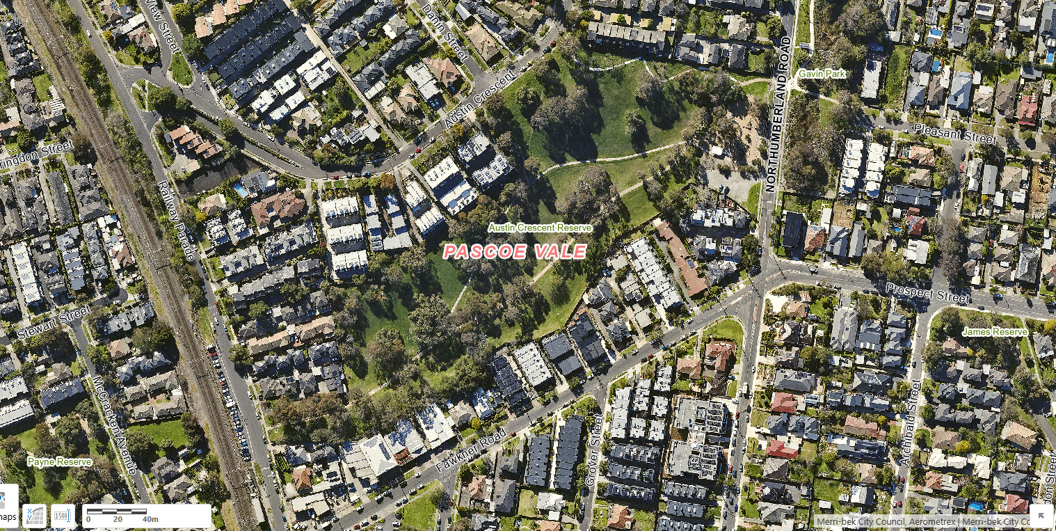 2025: A modern aerial photo of the Austin Crescent Reserve area from 2025. The area is more built up and the creek is no longer visible.