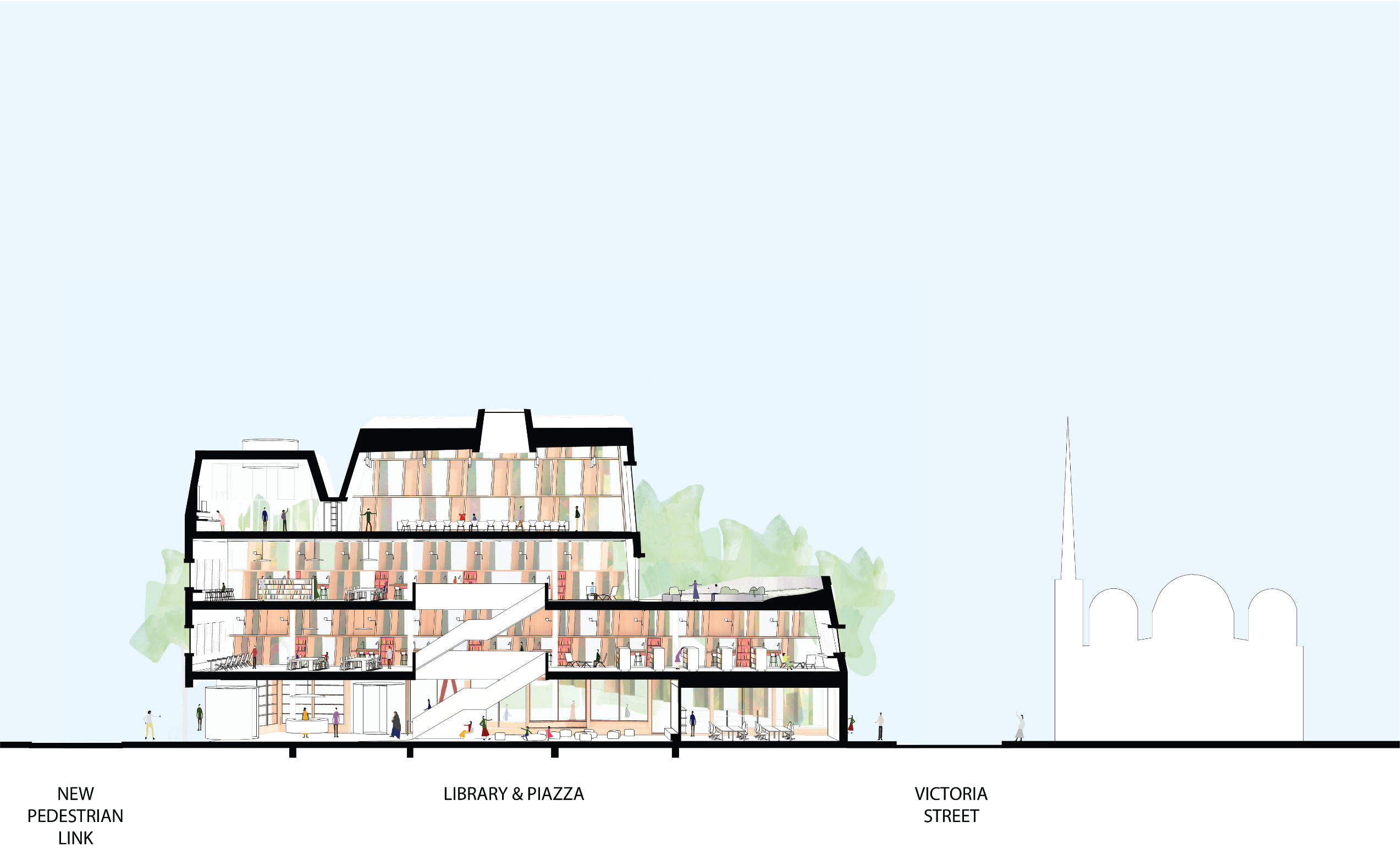 An illustrated cross section of the library draft concept design. It is a 4 storey, modern building with tall trees and the piazza behind it.