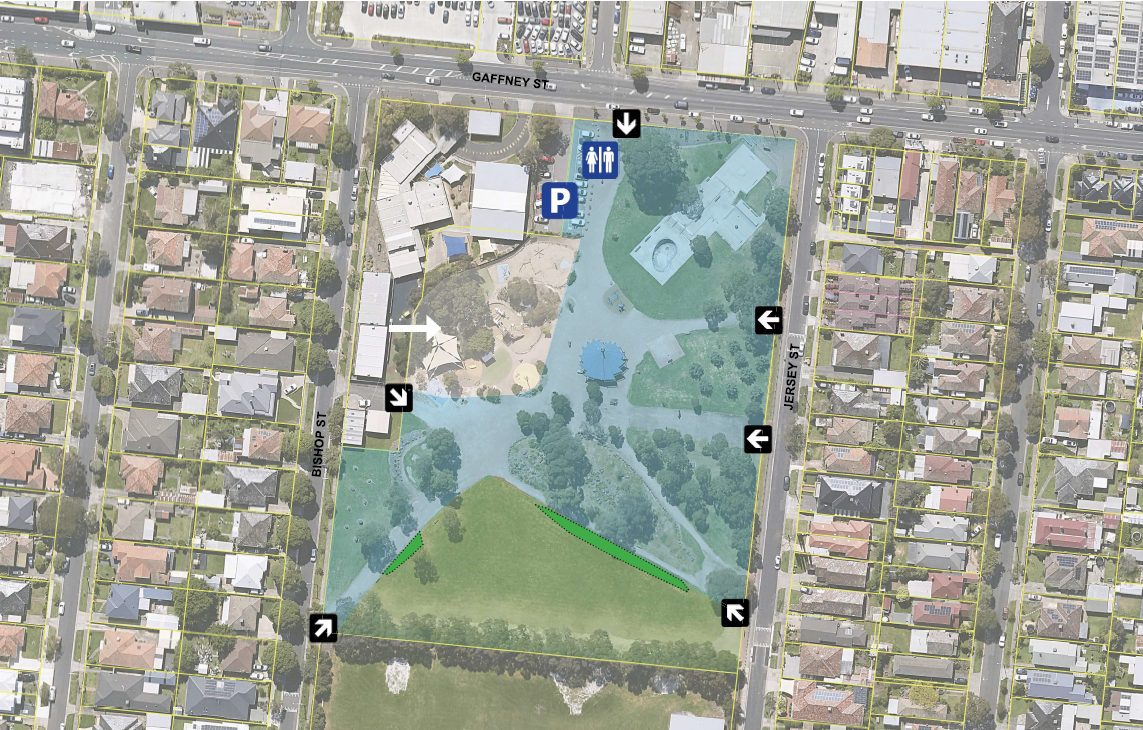 A map of the Harmony Park area. There are spaces blocked out in different colours indicating if dogs can be on or off leash.