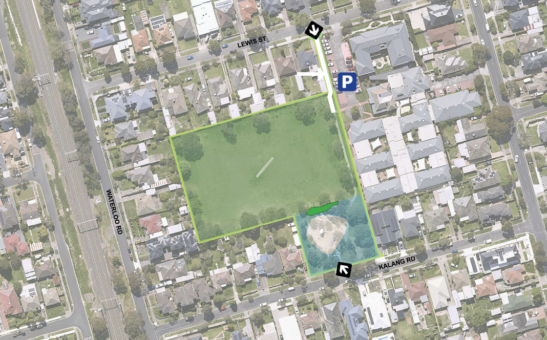 A map of the G E Clarke Reserve area. There are spaces blocked out in different colours indicating if dogs can be on or off leash.