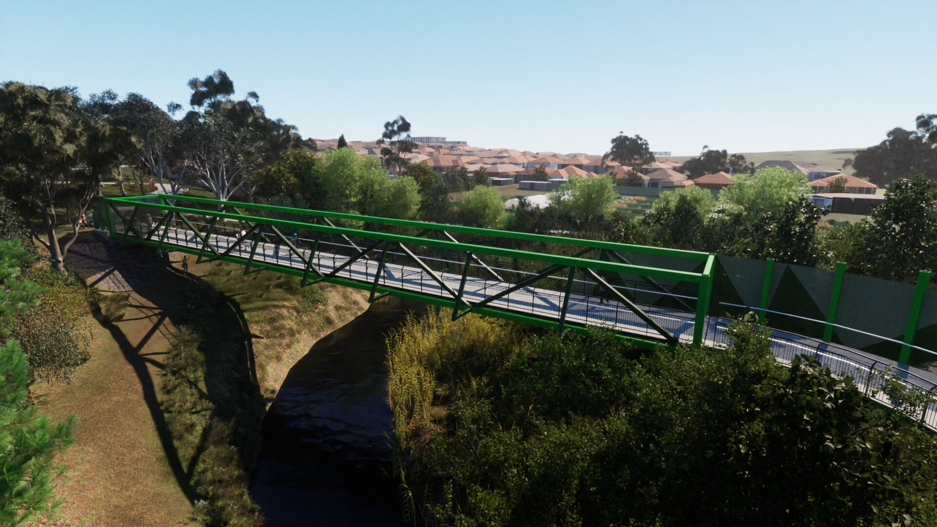 An aerial view of the whole length of the bridge. It is a low profile, modern looking structure with angled beams in green and black. It stretched across the creek and meets up with paths on either side.