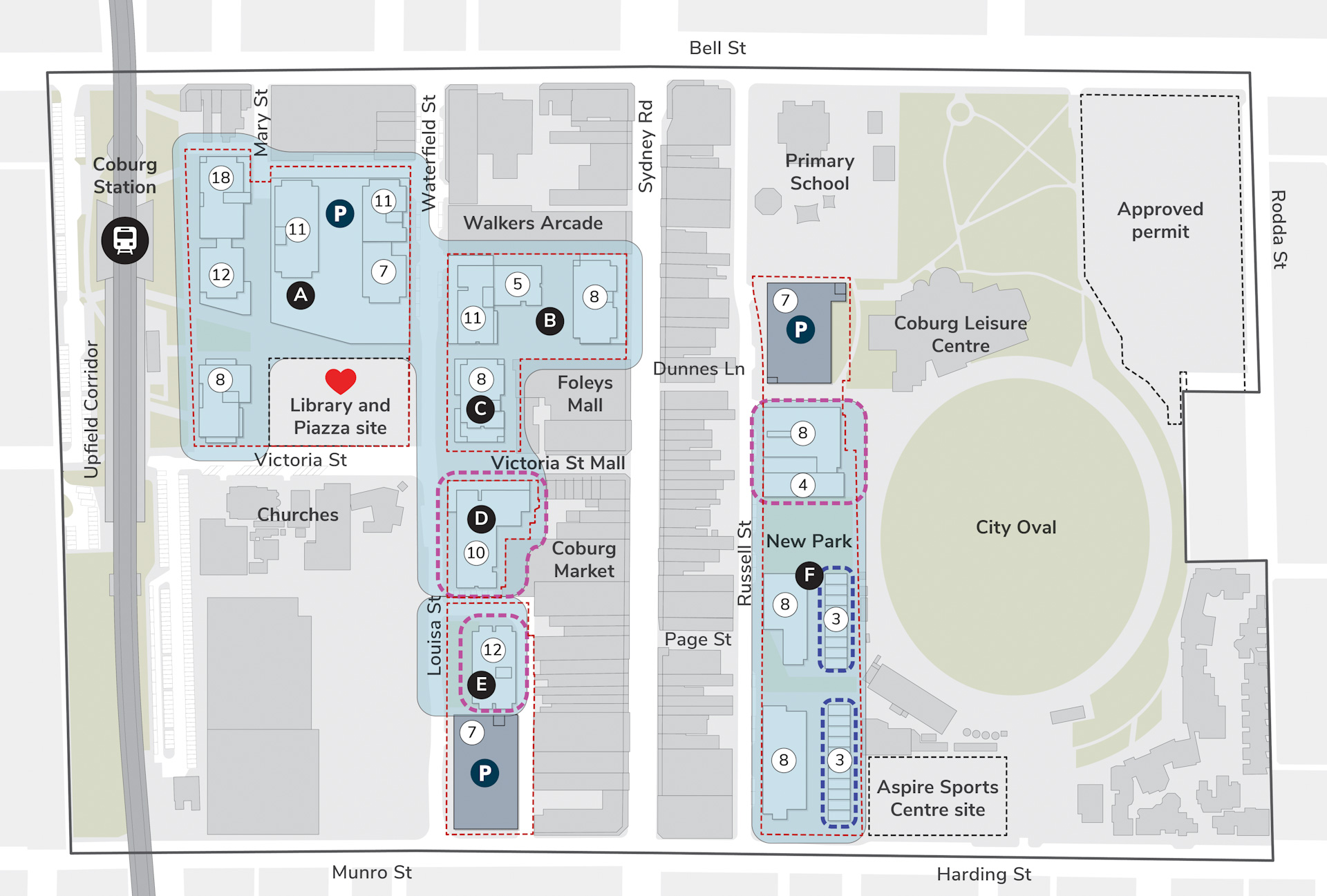 An illustrated aerial map of the Central Coburg area. There are areas marked in blue representing proposed new housing