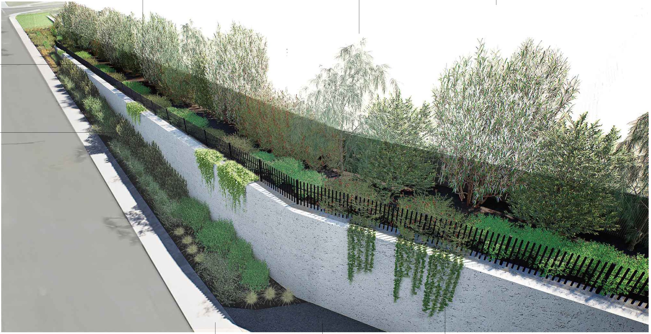 A rendering of a light grey concrete retaining wall seen from above. Topped with black steel fencing and surrounded by plants at the top and  bottom of the wall