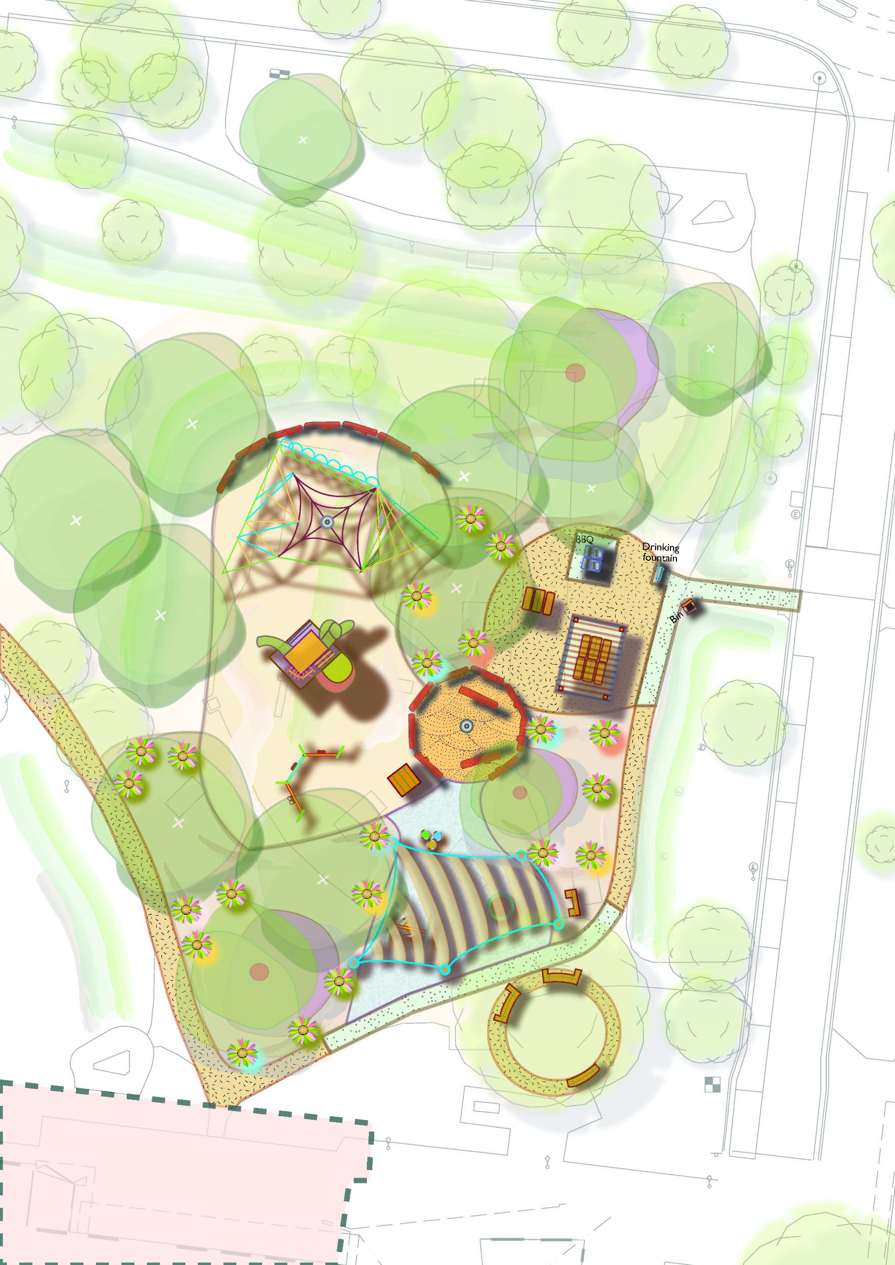 A map showing the play space and gather space at CB Smith Reserve. There are spots indicating areas where proposed improvements will be made.