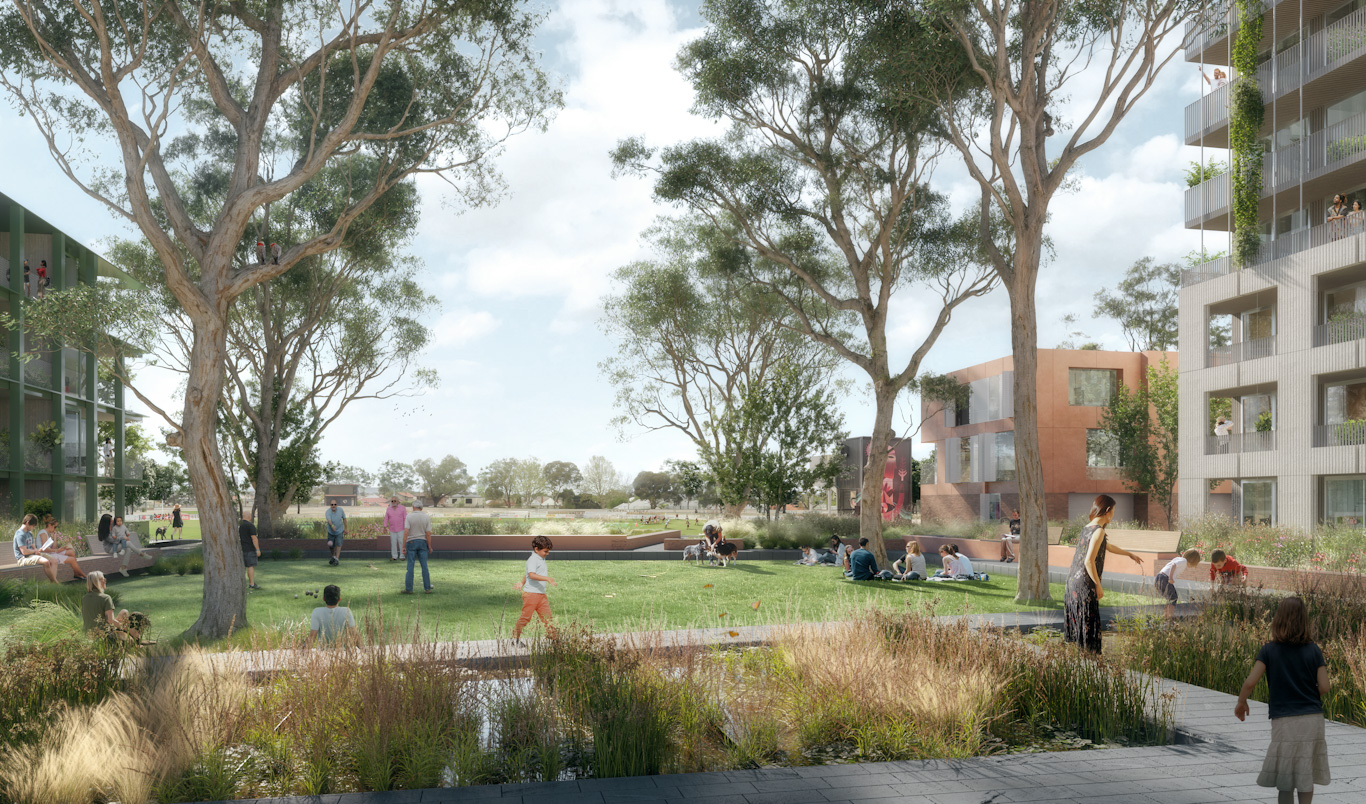 Future: A computer generated image of what a new park on Russell Street might look like. There is a lawn with established gum trees around it. In the foreground is a raingarden with low grasses and shrubs. There are apartment blocks on either side.