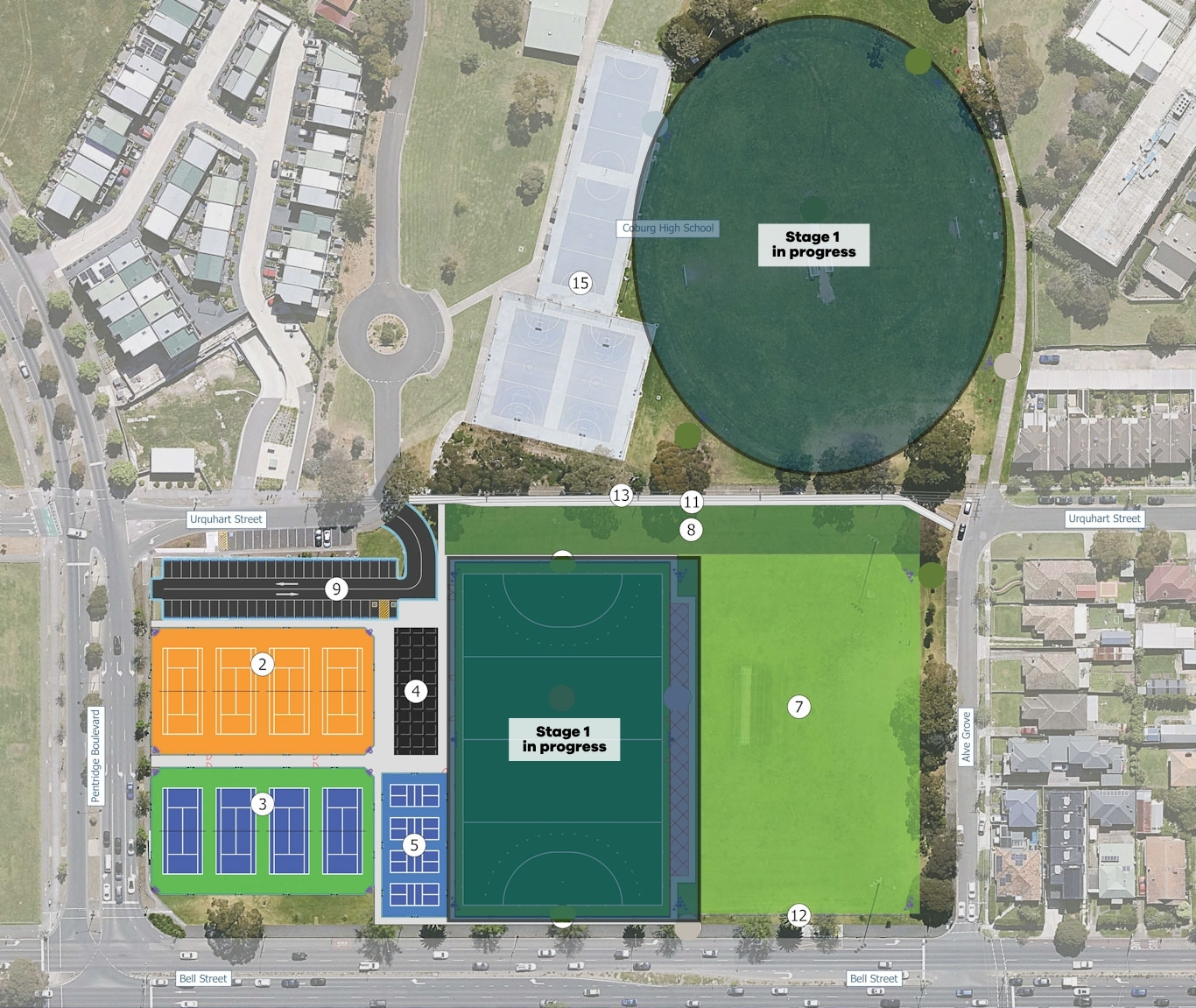 An aerial view of McDonald Reserve with the proposed features illustrated on top. In the top right there is an oval with AFL, Soccer and Cricket line markings, In the bottom two thirds of the page from left to right are 2 synthetic tennis courts, 6 clay t