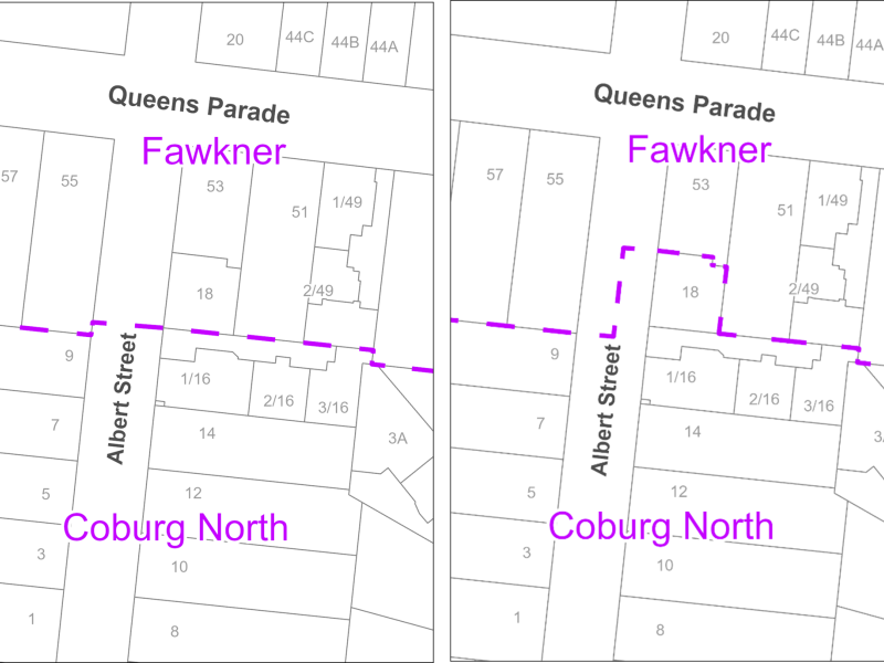 Two detailed maps of the properties in Albert Street. The current map on the left shows a straight dashed line as border, the proposed map on the right shows a border that steps out to include the property at 18 Albert Street.