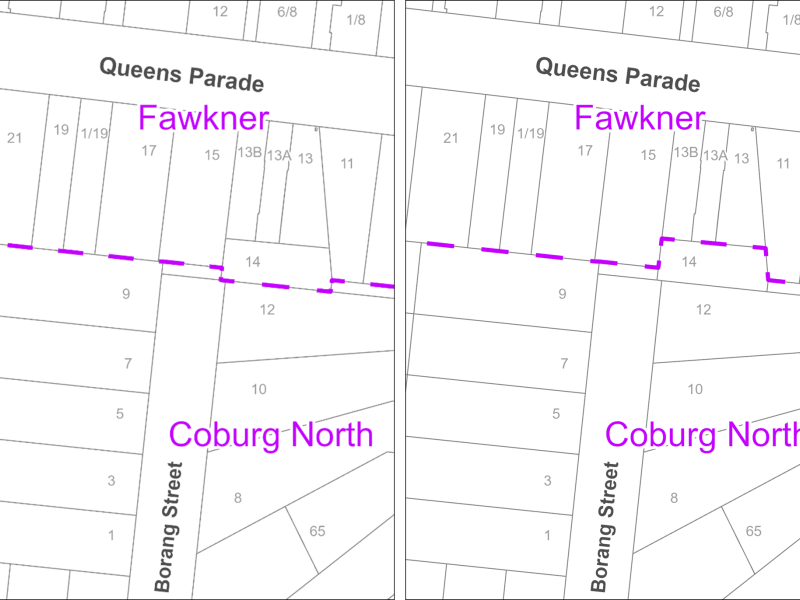 The current map on the left shows a straight dashed line as border, the proposed map on the right shows a border that steps out and includes the property at the end of Borang street.