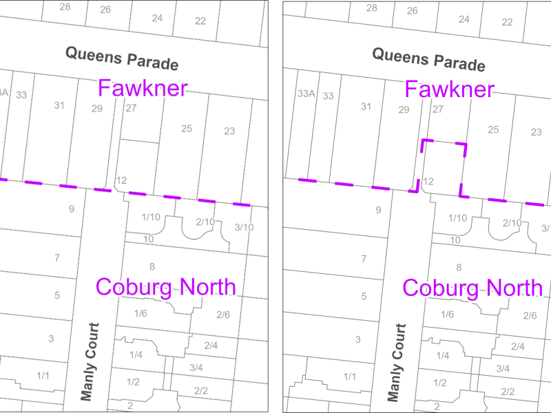 Two details maps of the properties in Manly Court. The current map on the left shows a straight dashed line as border, the proposed map on the right shows a border that steps out and includes the property at the end of Manly Court.