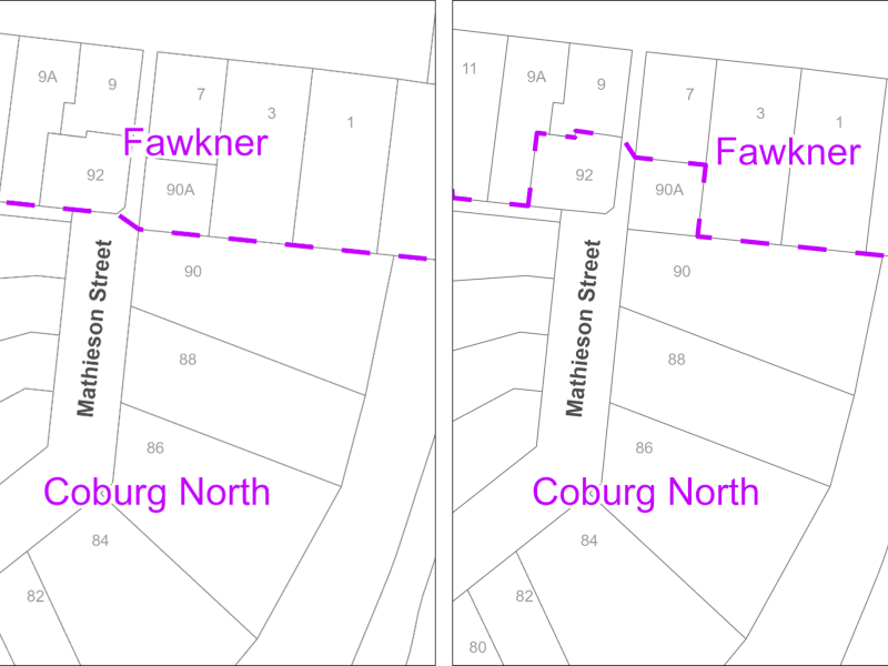 The current map on the left shows a straight dashed line as border, the proposed map on the right shows a border that curves around and includes the two properties at the end of Mathieson street.