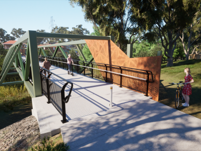 A computer generated image of the new bridge. It has a concrete path and black railings. The structure of the bridge is green and made of angular metal struts. There is a rust coloured feature panel at the start of the pathway.