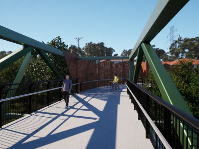 A computer generated image of the view loooking along the new bridge. It has a concrete path and black railings. The structure of the bridge is green and made of angular metal struts. 