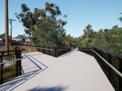 A computer generated view of where the bridge meets the Merri-creek path. the path has fresh concrete and black railings separating the walkway and the bushland