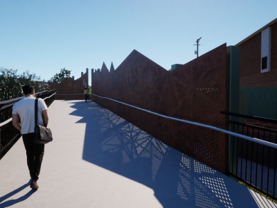 a computer generated view along the bridge pathway. This section has a concrete path and rust coloured panels that a hand railing is attached to. 