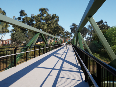 A computer generated image of a view straight along the new bridge. It has a concrete path and black railings. The structure of the bridge is green and made of angular metal struts. 