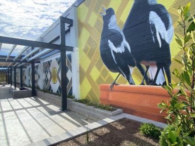 A mural on a wall adjacent to a park. The mural depicts 2 magpies on a background of brightly coloured, geometric patterns.