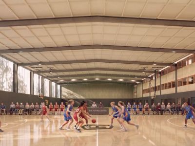 A computer generated impression of a large, brightly lit indoor sports court. There are three different courts in a row with seats lined up for viewing. There are lots of windows on one side.