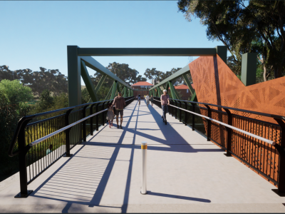 A computer generated image of the new bridge. It has a concrete path and black railings. The structure of the bridge is green and made of angular metal struts. There is a rust coloured feature panel at the start of the pathway.
